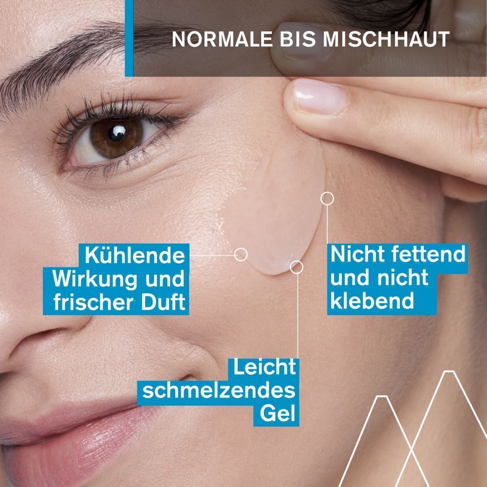 Nahaufnahme eines Gesichts mit aufgetragenem Gel. Text: Kühlende Wirkung, nicht fettend, leicht schmelzend. Für normale bis Mischhaut.