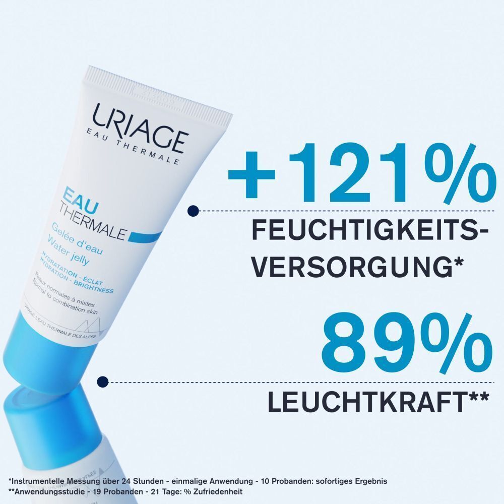 Tube Uriage Eau Thermale Water Jelly mit Text und Prozentangaben: +121% Feuchtigkeitsversorgung, 89% Leuchtkraft.