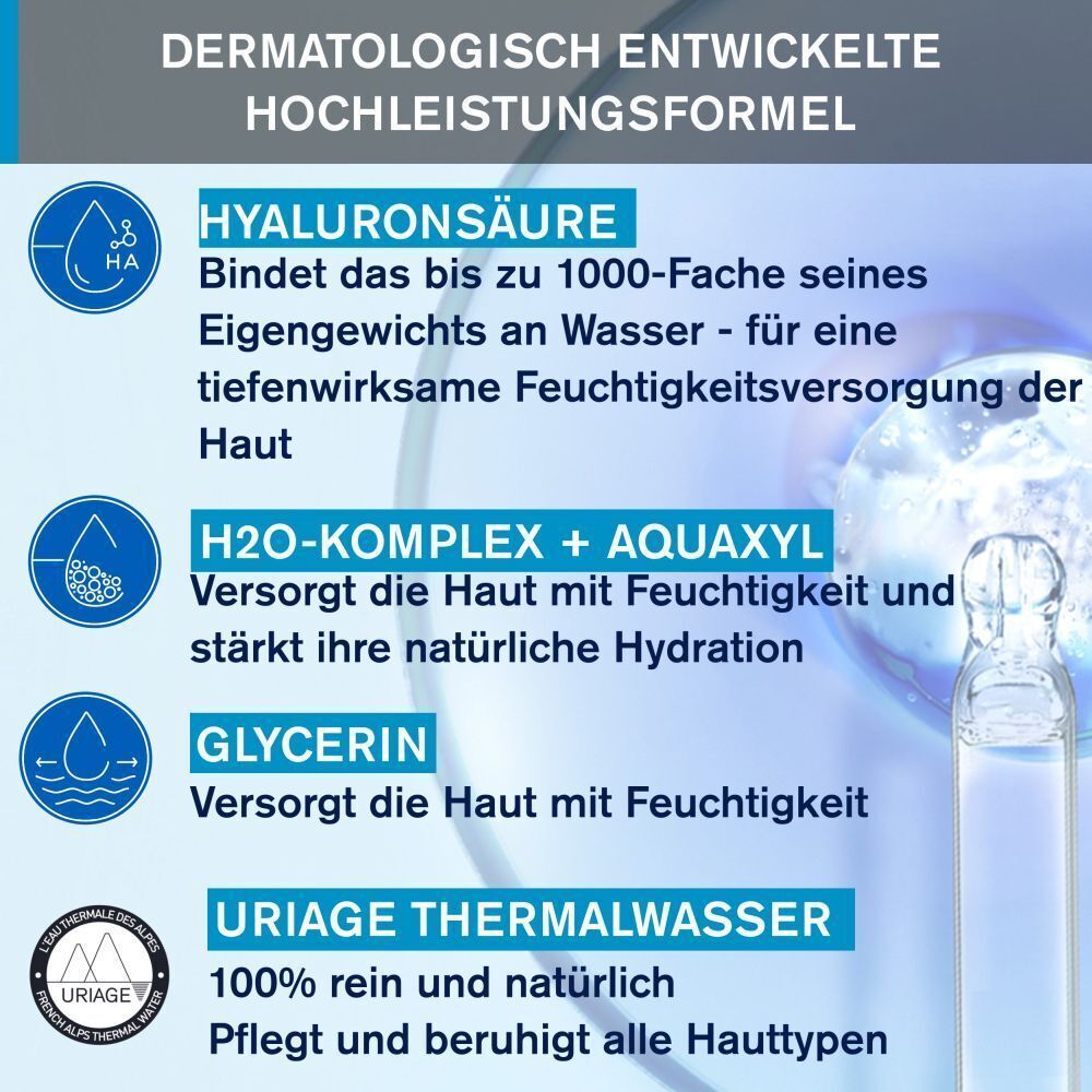 Infografik mit Inhaltsstoffen: Hyaluronsäure, H2O-Komplex + Aquaxyl, Glycerin, Uriage Thermalwasser. Dermatologisch entwickelt.