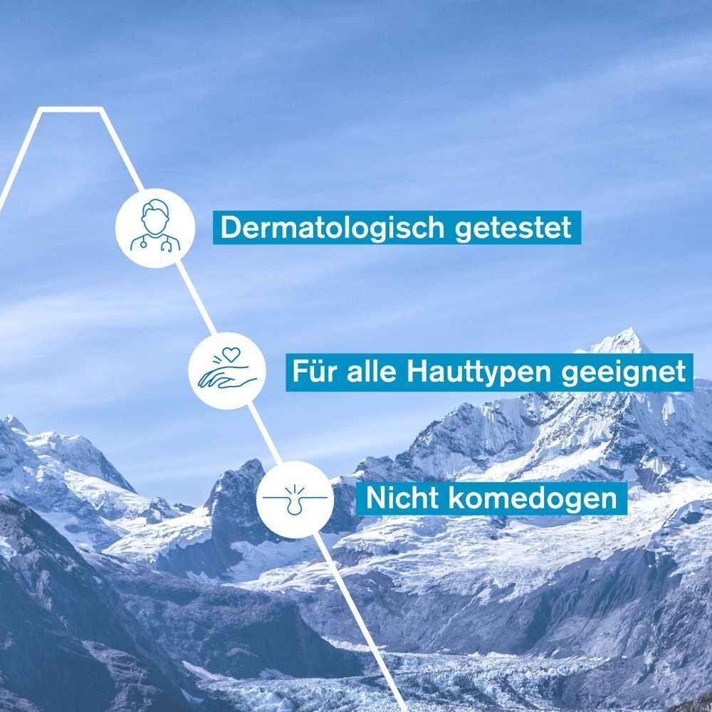 Grafik mit Text: Dermatologisch getestet, für alle Hauttypen geeignet, nicht komedogen. Hintergrund: Berglandschaft.