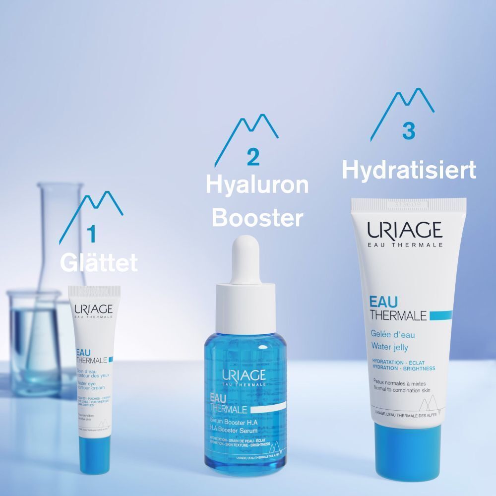 Drei Produkte: Tube, Serum, Tube. Uriage Eau Thermale. Glättet, Hyaluron Booster, Hydratisiert.