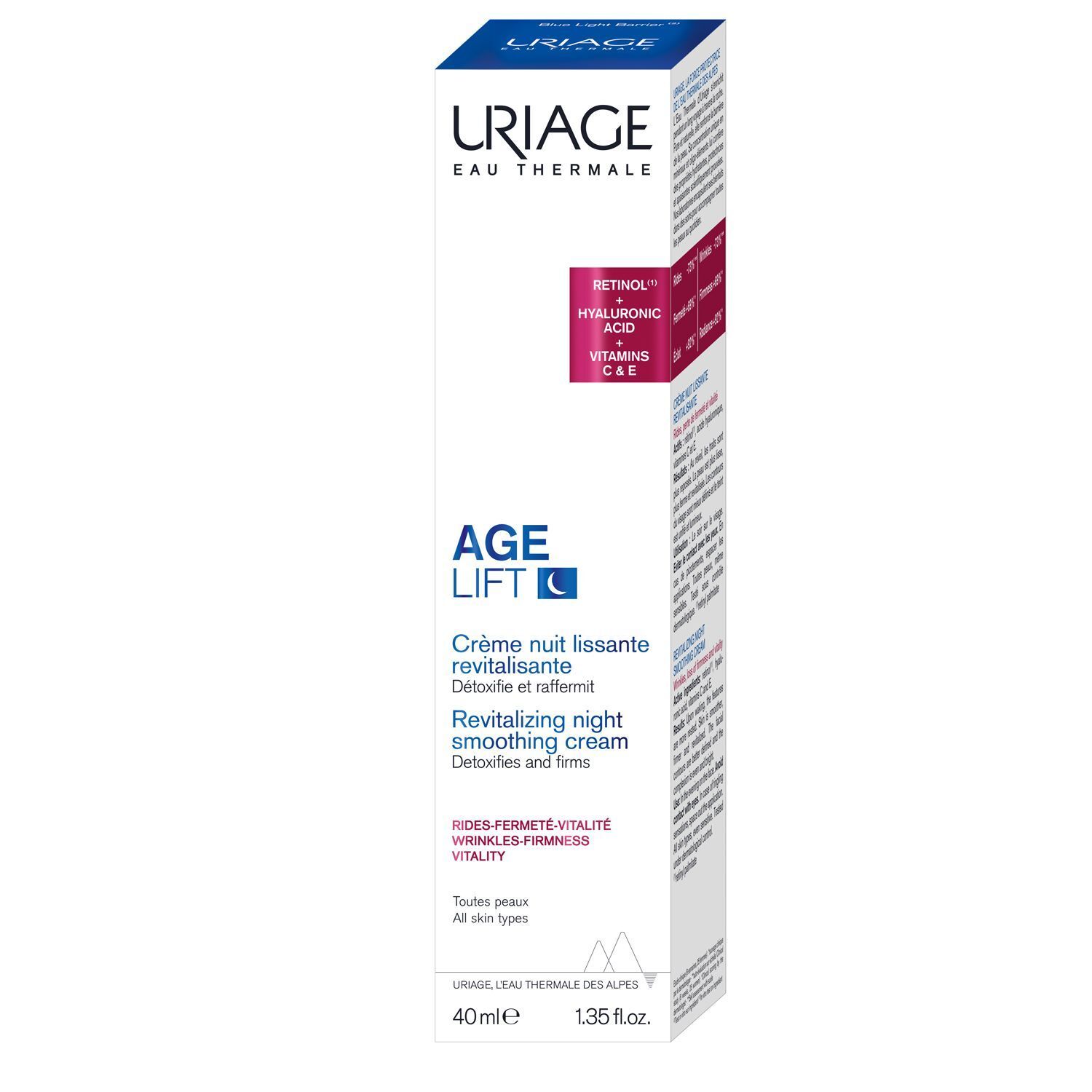 Weiße Verpackung mit blauer Schrift. Aufschrift: URIAGE AGE LIFT Crème nuit lissante revitalisante. Text: Rides-fermeté-vitalité-wrinkles-firmness-vitality. Inhaltsstoffe.