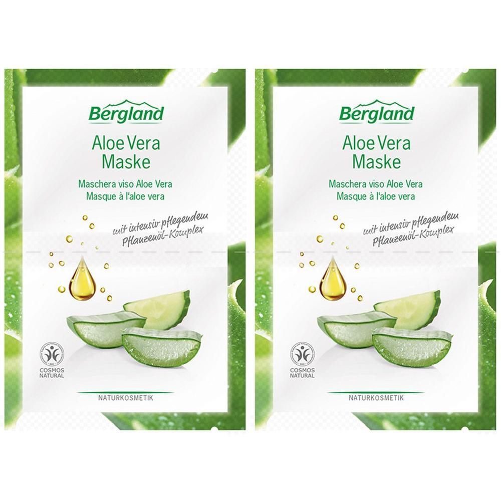 Zwei Beutel mit Aloe Vera Maske. Aufschrift: Bergland Aloe Vera Maske. Abbildung von Aloe Vera und Tropfen.