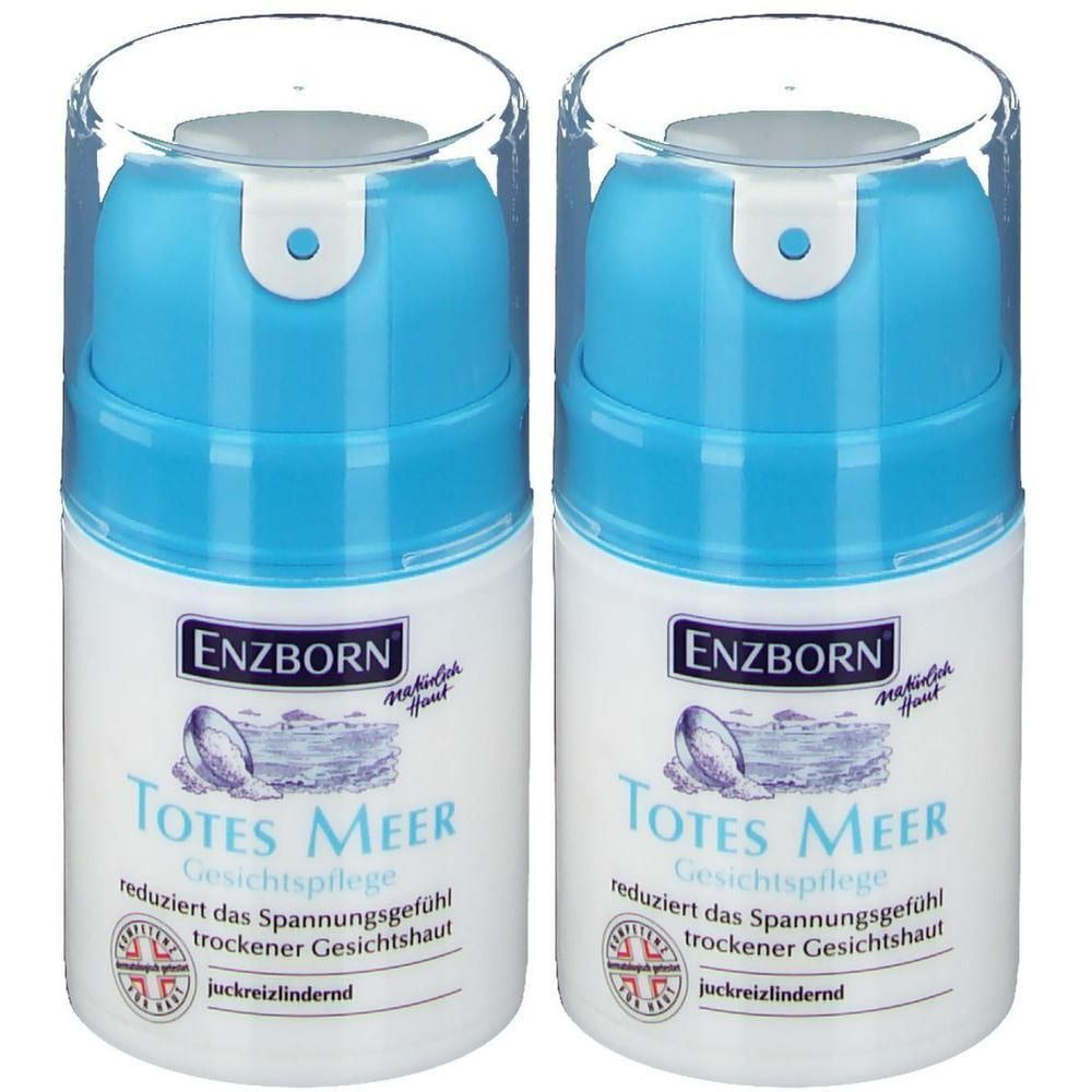 Zwei Flaschen ENZBORN Totes Meer Gesichtspflege. Weiße Flaschen mit blauem Pumpkopf und transparentem Deckel. Text: reduziert Spannungsgefühl.
