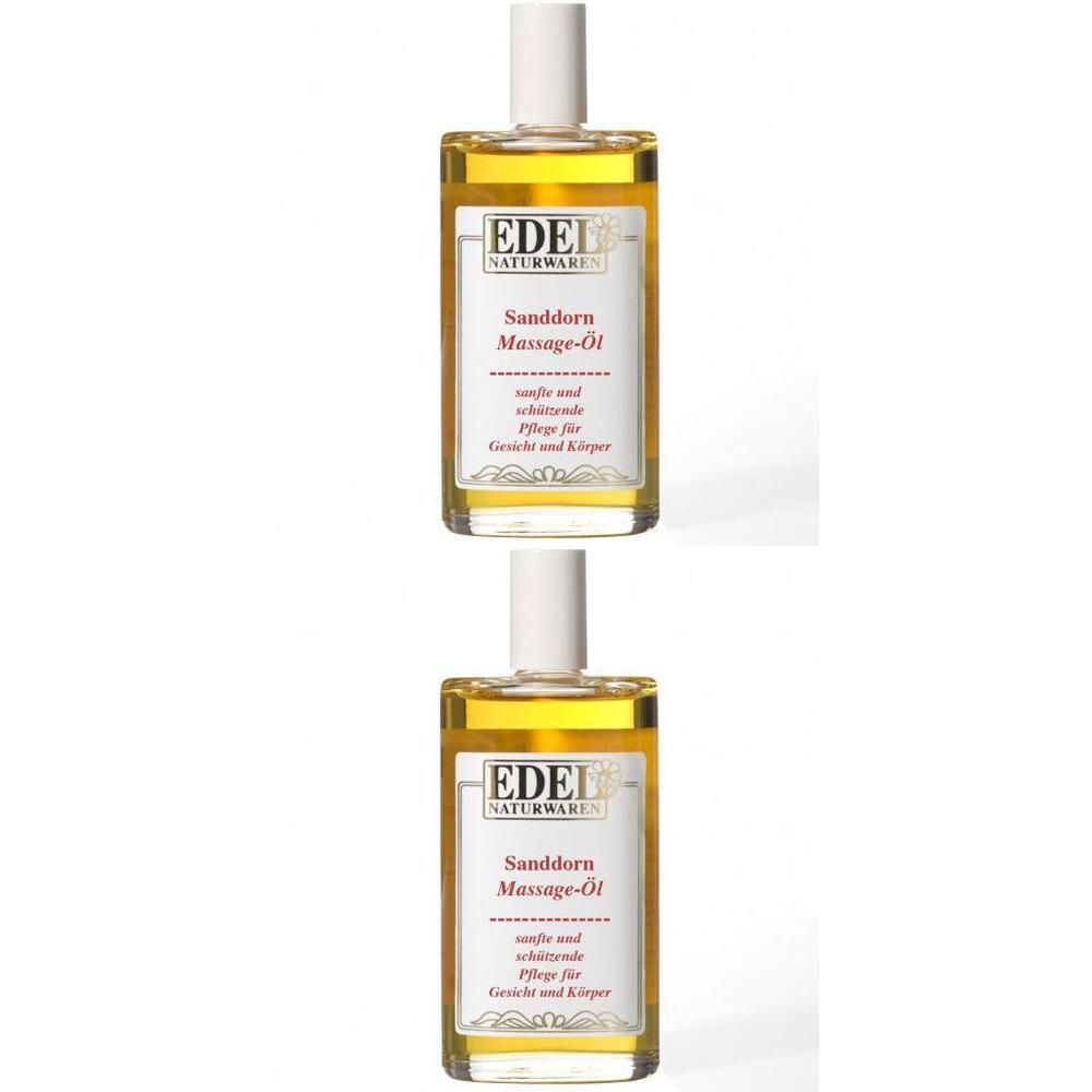 Zwei Flaschen Sanddorn Massage-Öl. Klare Glasflaschen mit weißem Verschluss. Etikett mit Produktinformationen.