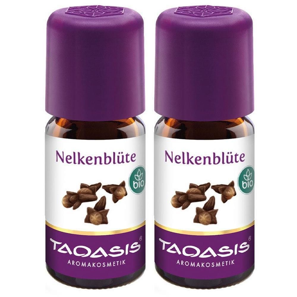 Zwei Flaschen Nelkenblüte Bio ätherisches Öl. Braune Glasflaschen mit lila Deckel. Aufschrift: Nelkenblüte, Bio-Siegel, TAOASIS Aromakosmetik.