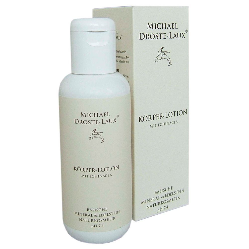 Flasche Körperlotion mit Karton. Aufschrift: MICHAEL DROSTE-LAUX, KÖRPER-LOTION, MIT ECHINACEA. Karton: weiß, Schrift.
