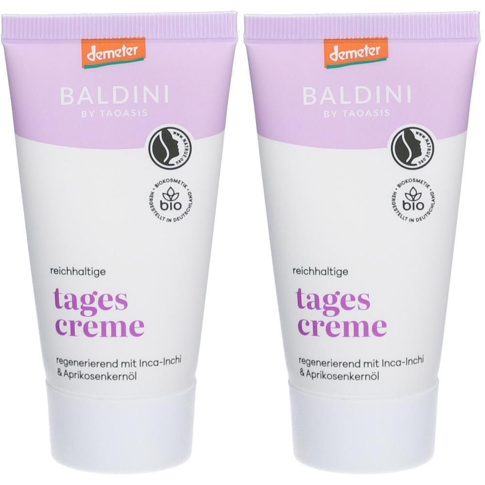 Zwei Tuben BALDINI Tagescreme. Weiß-lila Verpackung mit Schriftzug und Bio-Siegel. Demeter-Zertifizierung.