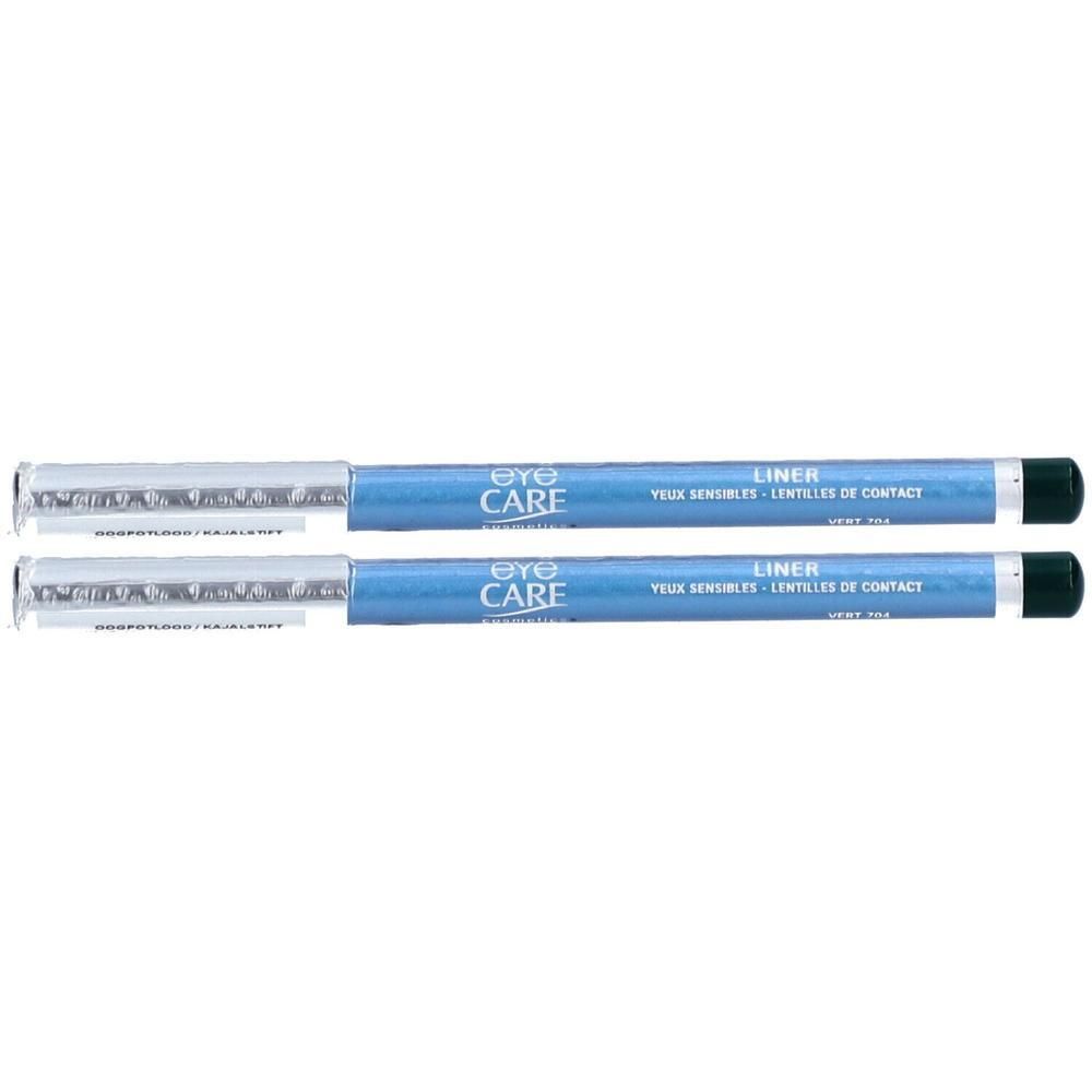 Zwei Augenpflege-Liner. Blaue Stifte mit silbernen Kappen und schwarzem Ende. Aufschrift: Eye Care, Liner, YEUX SENSIBLES.