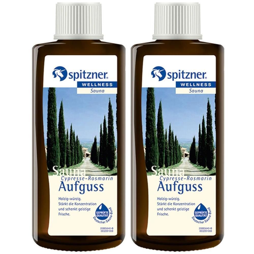 Zwei braune Flaschen mit weißem Deckel. Auf dem Etikett steht "spitzner. WELLNESS Sauna" und "Cypresse-Rosmarin Aufguss".