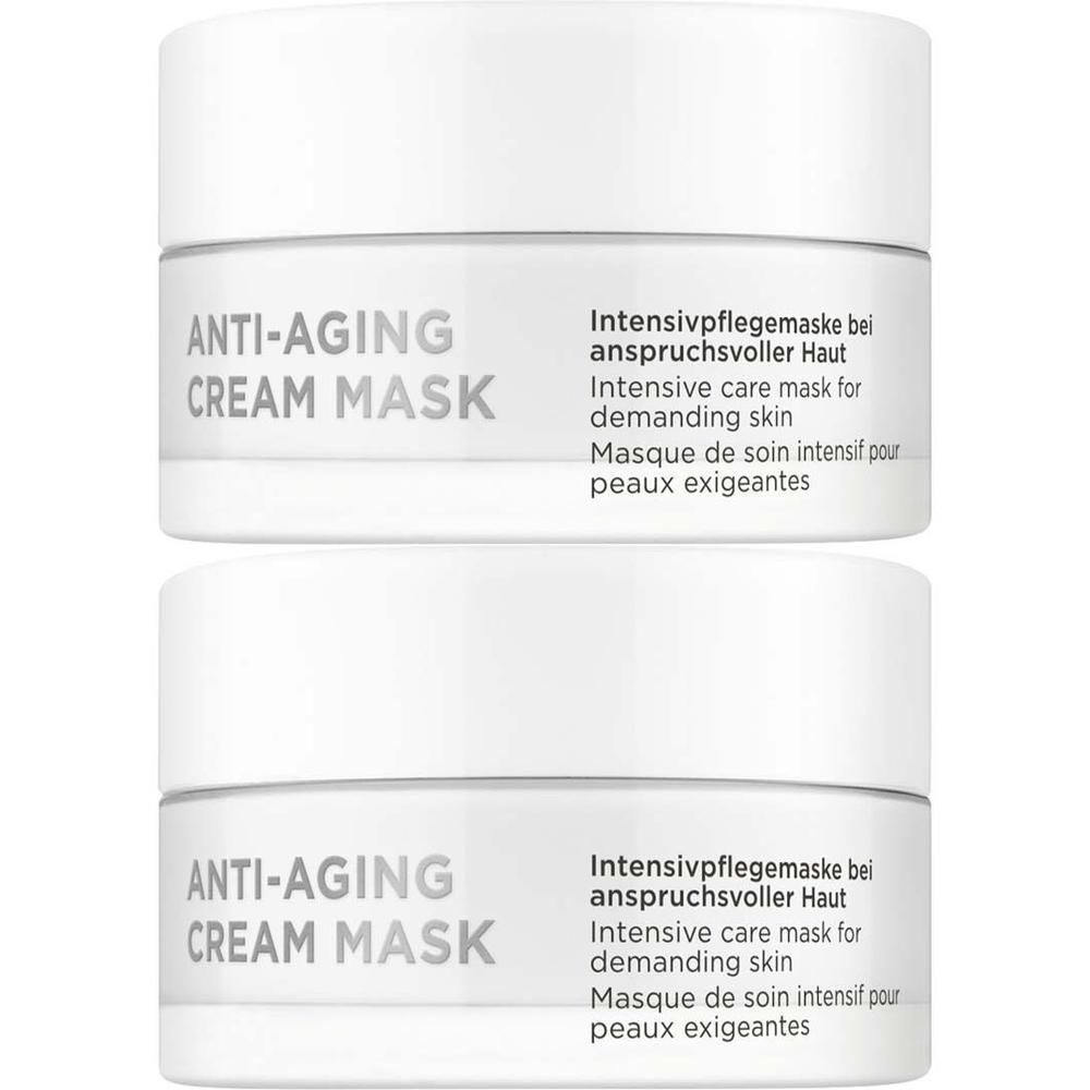 Zwei Tiegel Anti-Aging Cream Mask. Weißes Gefäß mit weißem Deckel. Beschriftung: Anti-Aging Cream Mask, Intensivpflege bei anspruchsvoller Haut.