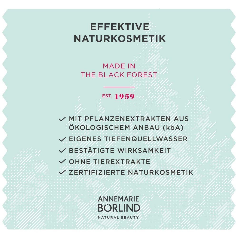 Infografik mit Texten. Effektive Naturkosmetik. Made in the Black Forest. Mit Pflanzenextrakten, Tiefenquellwasser, ohne Tierxtrakte, etc.