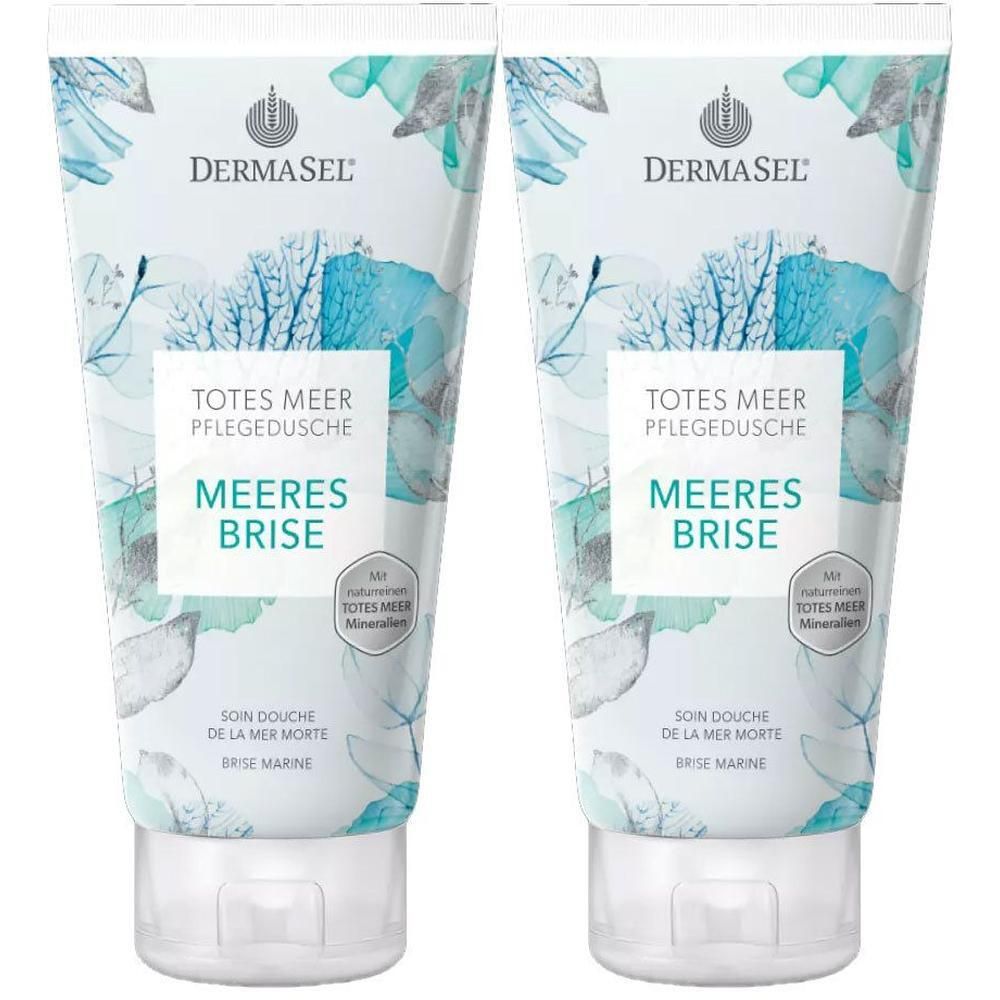 Zwei Tuben Duschgel. Aufschrift: DERMASEL, TOTES MEER, PFLEGEDUSCHE, MEERES BRISE. Mit Meeresmotiven bedruckt. Weiße Tube mit blauem Deckel.