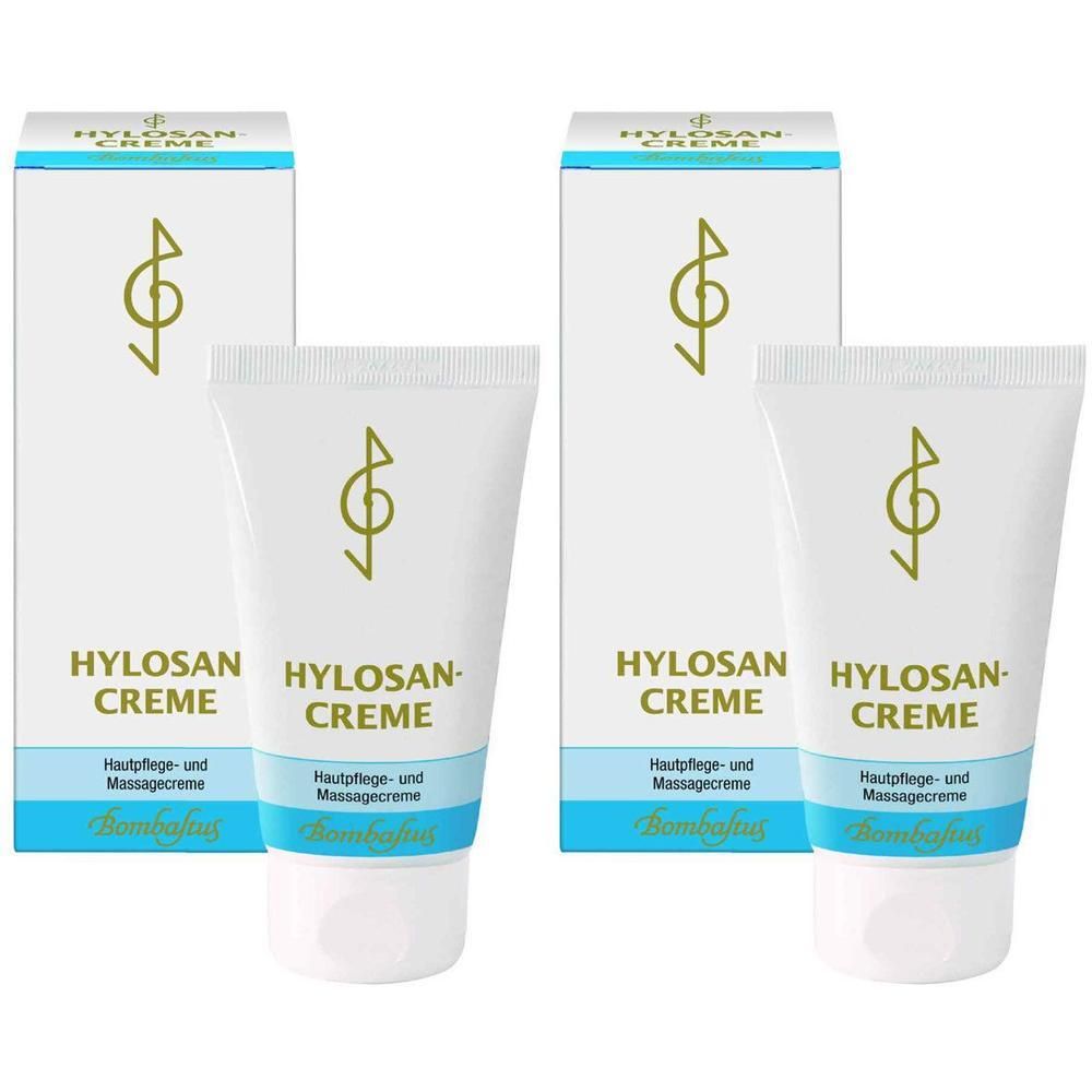 Zwei Tuben und zwei Schachteln. Aufschrift: HYLOSAN-CREME. Hautpflege- und Massagecreme. Marke: Bombastus. Weiß, blau und gold.