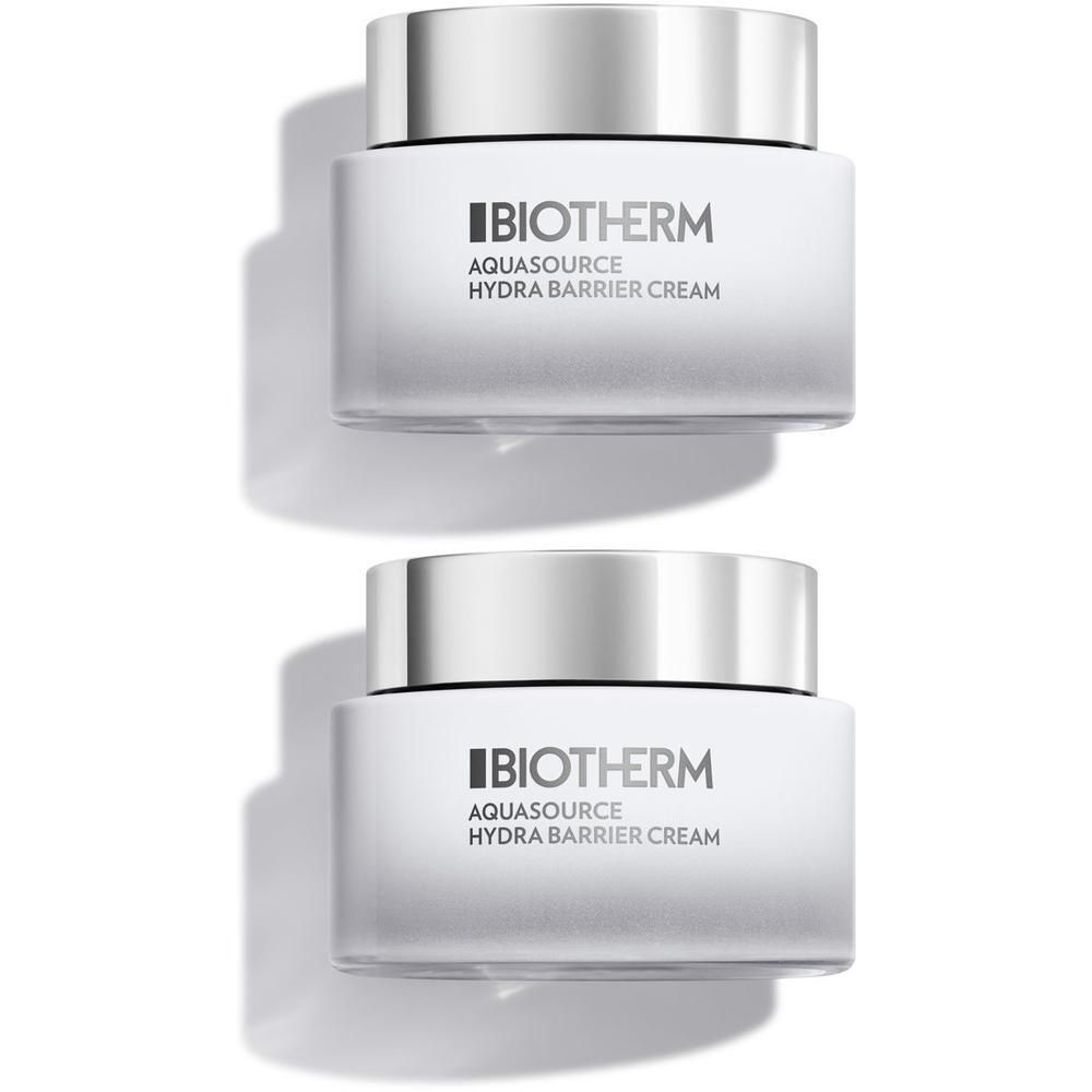 Zwei Tiegel BIOTHERM Aquasource Hydra Barrier Cream. Weiße Tiegel mit silbernen Deckeln. Schwarze Schrift.