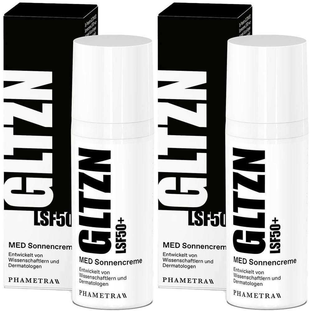 Zwei Tuben und zwei Schachteln Sonnencreme. Auf den Tuben und Schachteln steht GLTZN LSF 50+. MED Sonnencreme. PHAMETRA.