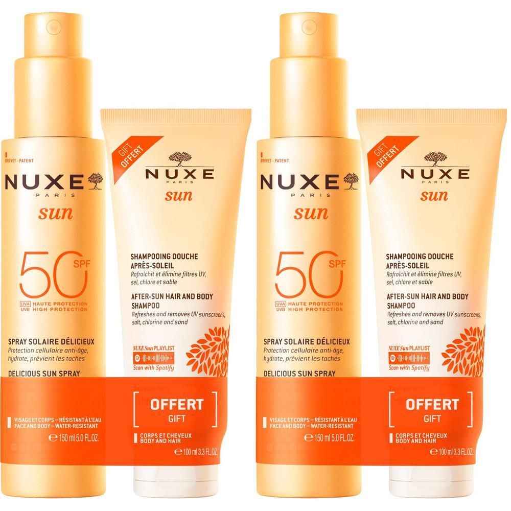 Zwei Sets Sonnenspray und After-Sun-Duschshampoo. Orangefarbene Verpackung mit weißer Schrift. Aufschrift: NUXE Sun, LSF 50, Geschenk.