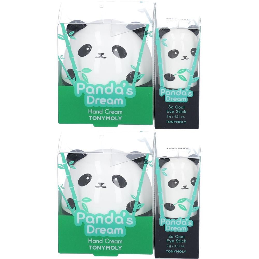 Zwei Panda-förmige Handcremes und Augensticks in Verpackungen. Aufschrift: Panda's Dream, Hand Cream, So Cool Eye Stick, TONYMOLY.