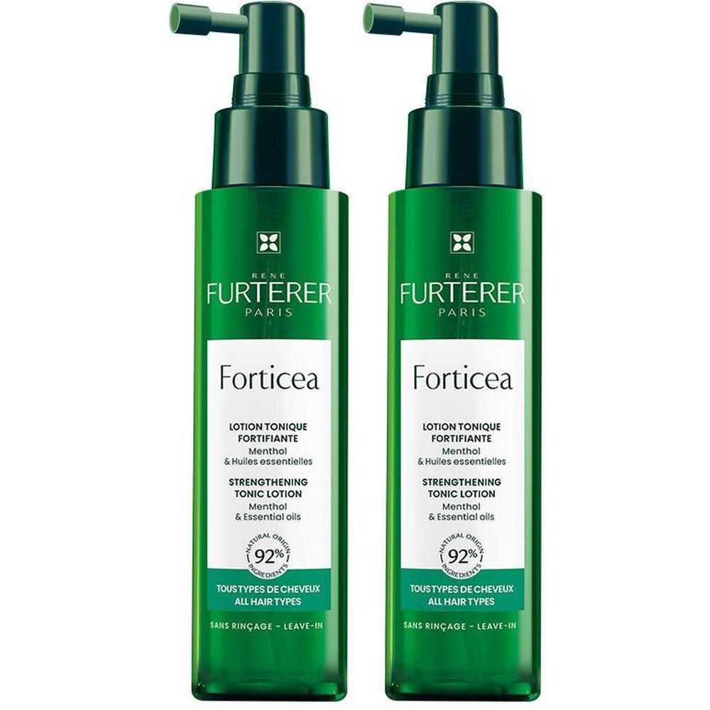 Zwei grüne Flaschen mit Sprühkopf. Aufschrift: FURTERER Forticea, Lotion tonique fortifiante. Enthält Menthol und ätherische Öle.
