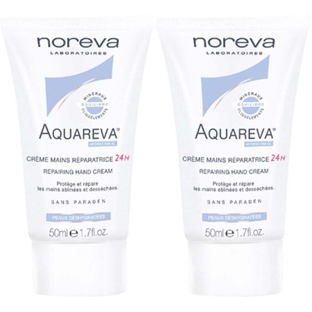 Zwei Tuben Handcreme. Aufschrift: Aquareva, Crème Mains Réparatrice 24H, Repairing Hand Cream. Enthält 50ml.