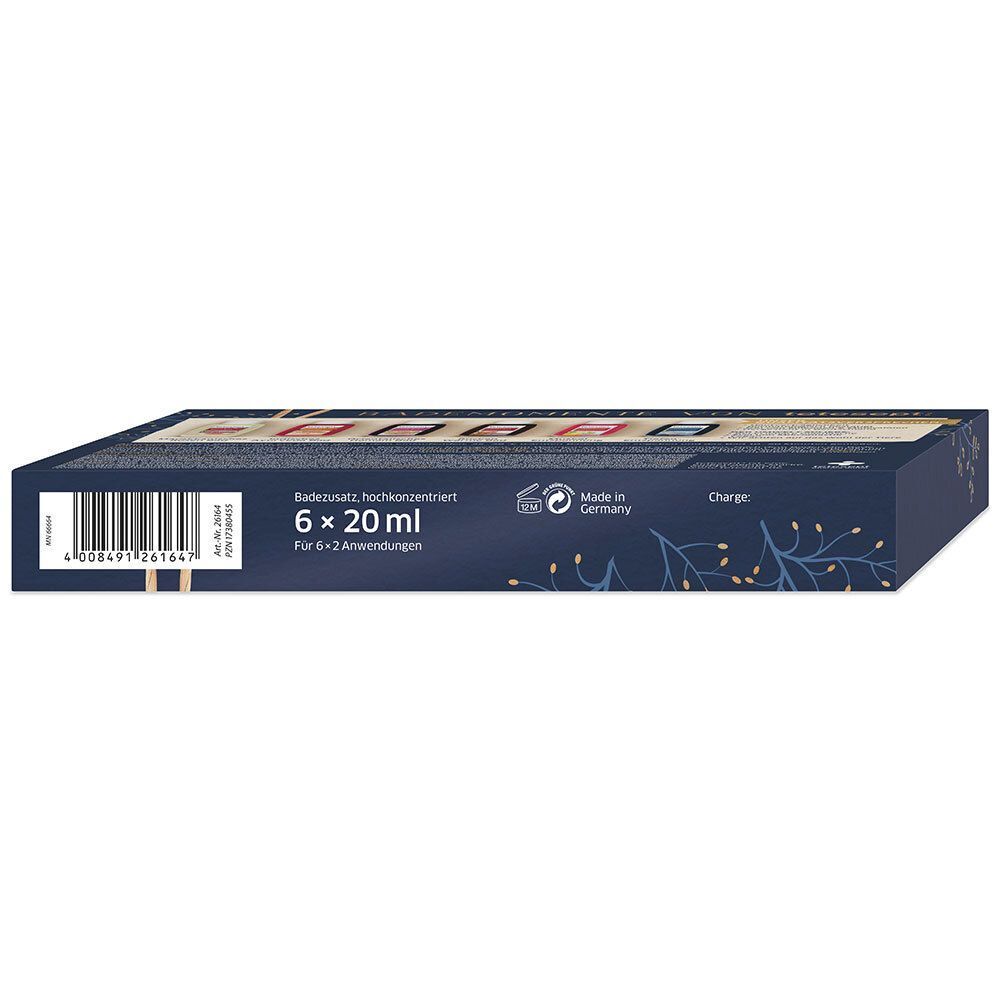Dunkelblaue rechteckige Verpackung. Aufschrift: 6 x 20 ml. Mit Produktinformationen und Logo.