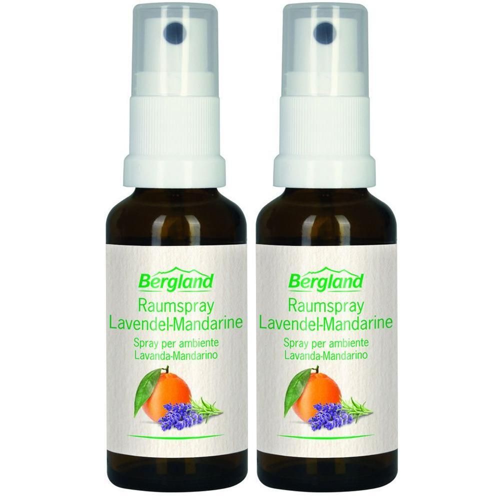 Zwei Sprühflaschen mit weißem Sprühkopf und brauner Glasflasche. Etikett mit Produktnamen und Abbildung von Mandarine und Lavendel.