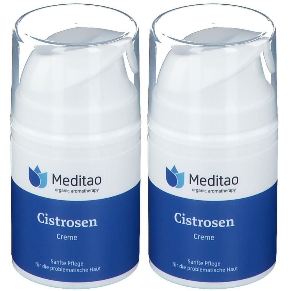 Zwei weiße Cremes mit blauem Etikett. Aufschrift: Meditao, Cistrosen Creme. Sanfte Pflege für die problematische Haut.