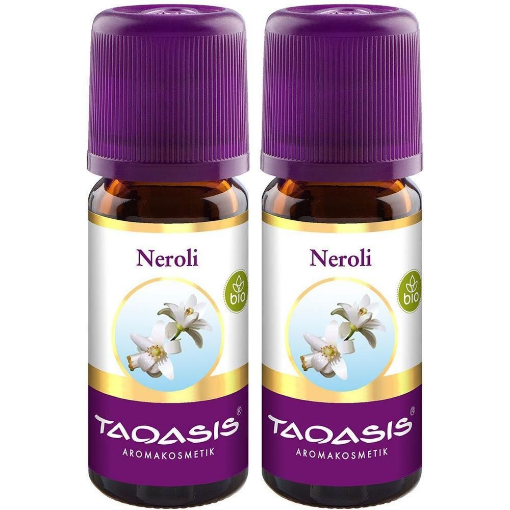 Zwei Flaschen mit lila Deckel. Auf dem Etikett steht "Neroli" und "TAOASIS AROMAKOSMETIK". Bio-Siegel und Blütenabbildung.