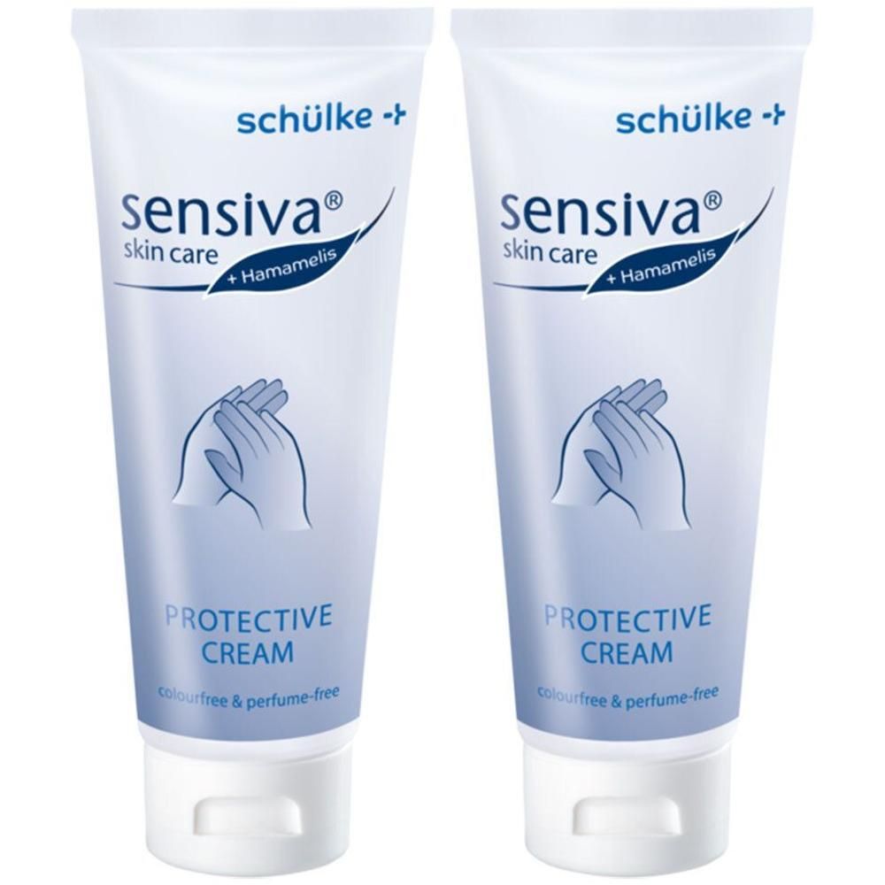 Zwei Tuben SENSIVA Protective Cream. Weiße Tuben mit blauer Beschriftung. Handsymbol und Produktbezeichnung.