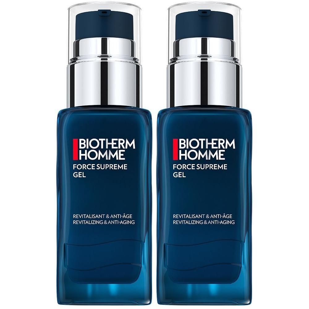 Zwei blaue Flaschen mit silbernen Pumpköpfen. Auf jeder Flasche steht "BIOTHERM HOMME FORCE SUPREME GEL".