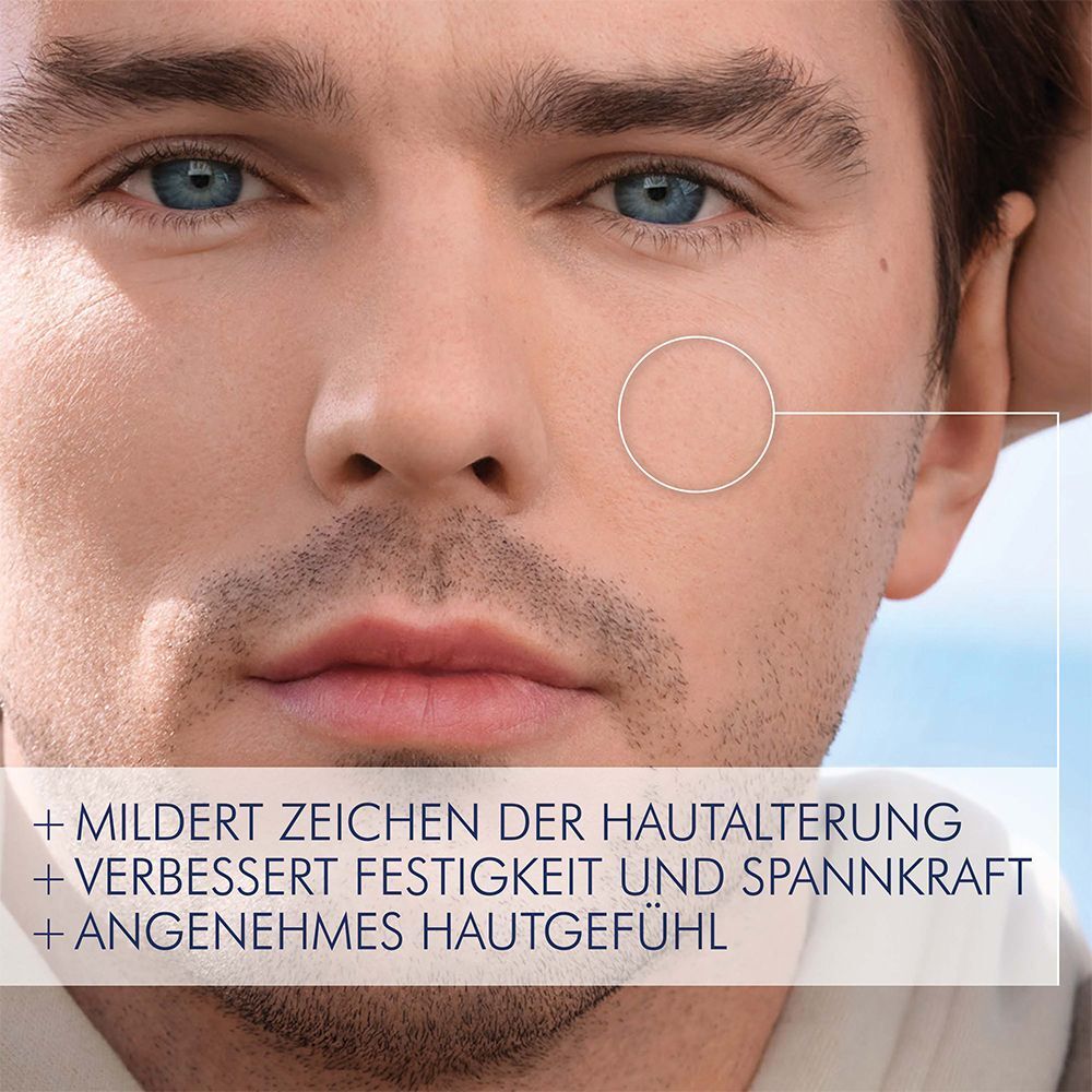 Nahaufnahme eines Mannes mit einem hervorgehobenen Hautbereich. Text: + MILDERT ZEICHEN DER HAUTALTERUNG.