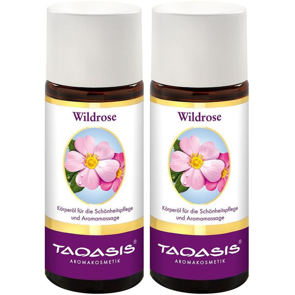 Zwei Flaschen Wildrosenöl mit rosa Blütenabbildung und TAOASIS-Logo.