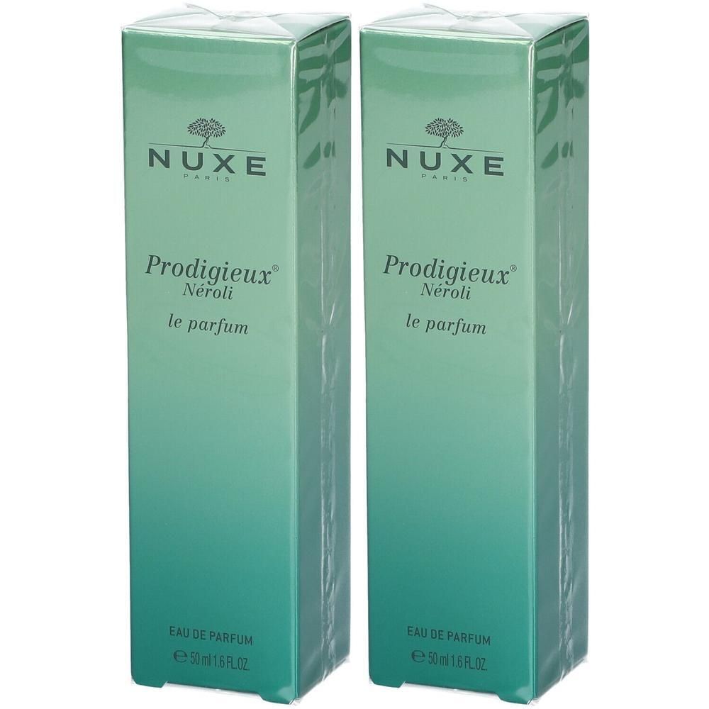 Zwei grüne Schachteln. Aufschrift: NUXE, Prodigieux Neroli le parfum. Eau de Parfum.
