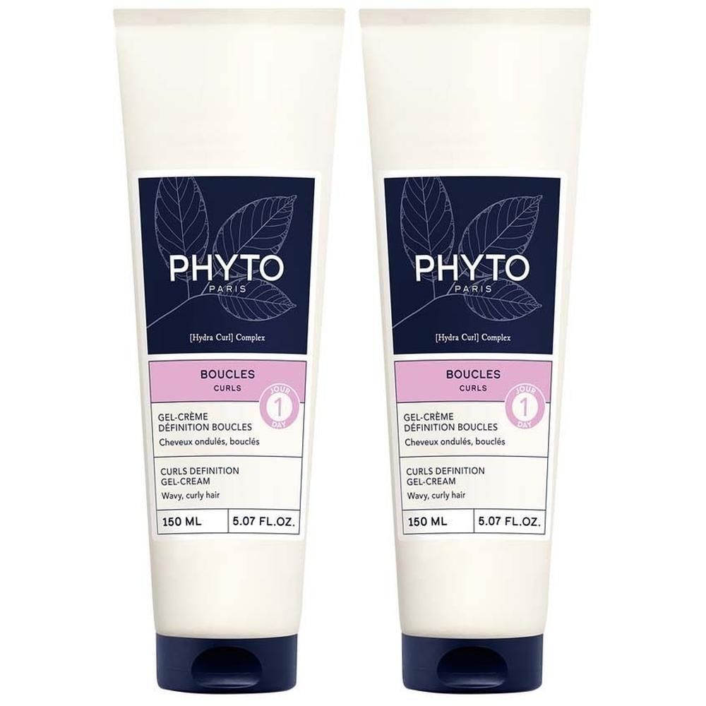 Zwei Tuben PHYTO PARIS Curls Gel-Creme. Weiße Tuben mit blauen und rosa Etiketten. Text: Curls, Gel-Creme, 150 ml, 5.07 FL.OZ.