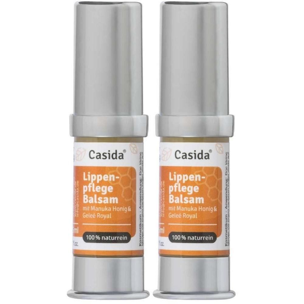 Zwei Lippenpflege Balsam-Tuben mit silbernen Deckeln. Aufschrift: Casida, Lippenpflege Balsam mit Manuka Honig & Gelee Royal, 100% naturrein.