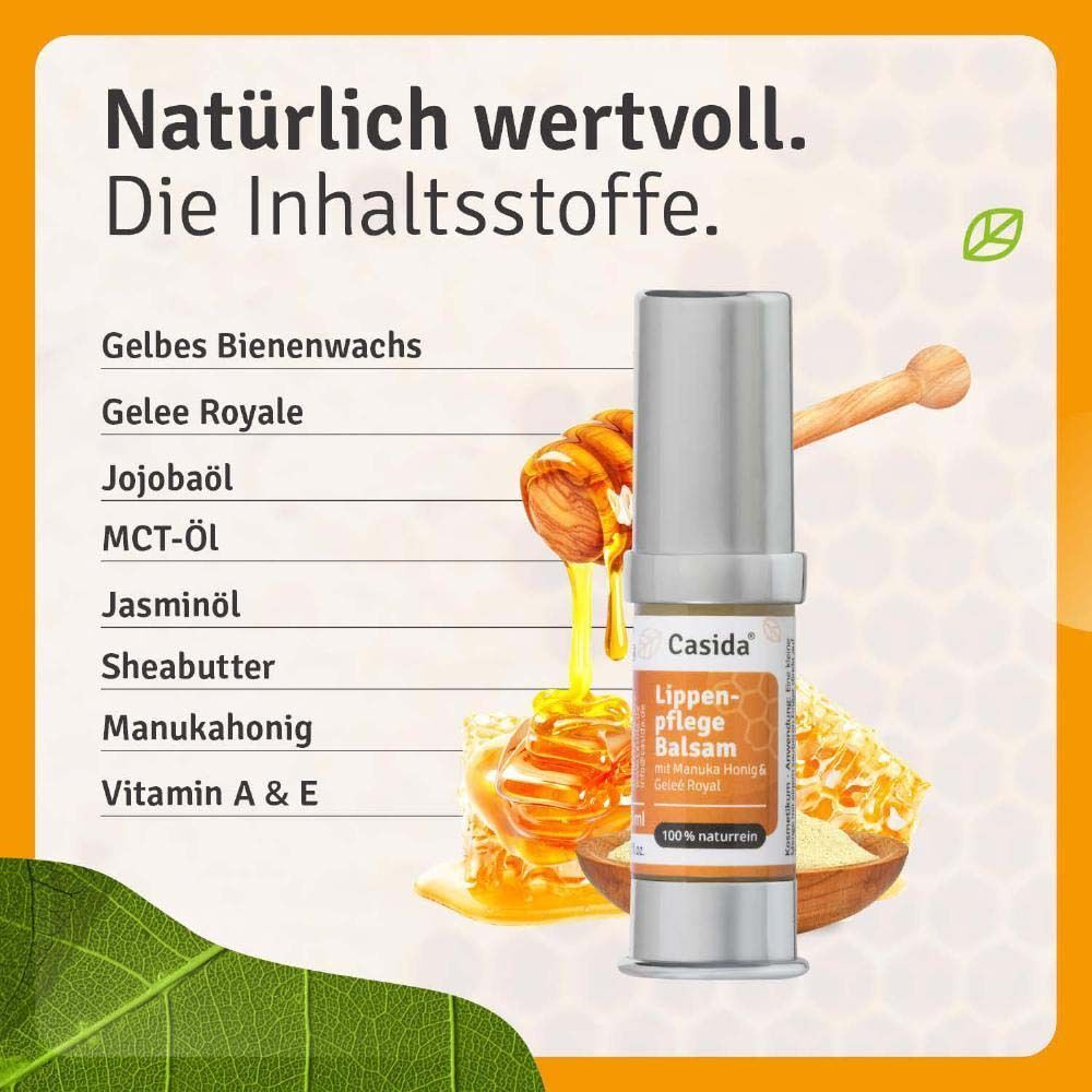 Eine Lippenpflege Balsam-Tube mit Honig und Zutaten. Aufschrift: Casida, Lippenpflege Balsam mit Manuka Honig & Gelee Royal, 100% naturrein. Zutatenliste.