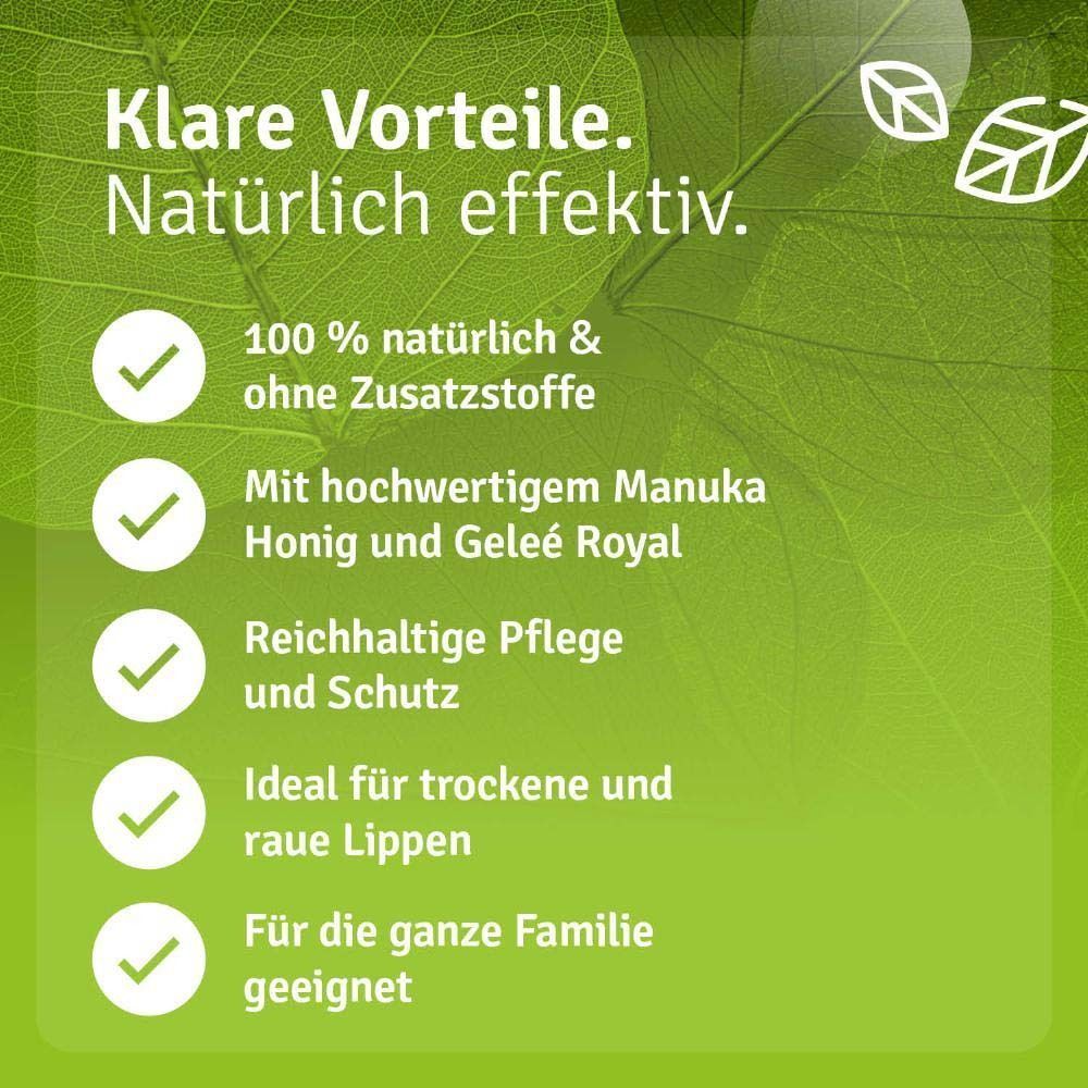 Eine Lippenpflege Balsam-Tube. Aufschrift: Casida, Lippenpflege Balsam mit Manuka Honig & Gelee Royal, 100% naturrein. Vorteile: natürlich, ohne Zusatzstoffe, etc.