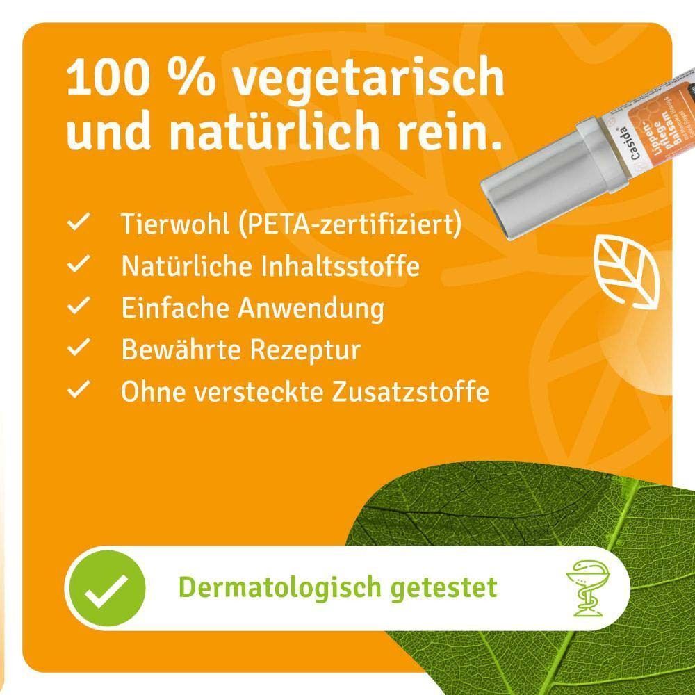 Eine Lippenpflege Balsam-Tube. Aufschrift: Casida, Lippenpflege Balsam mit Manuka Honig & Gelee Royal, 100% naturrein. 100% vegetarisch und natürlich rein.