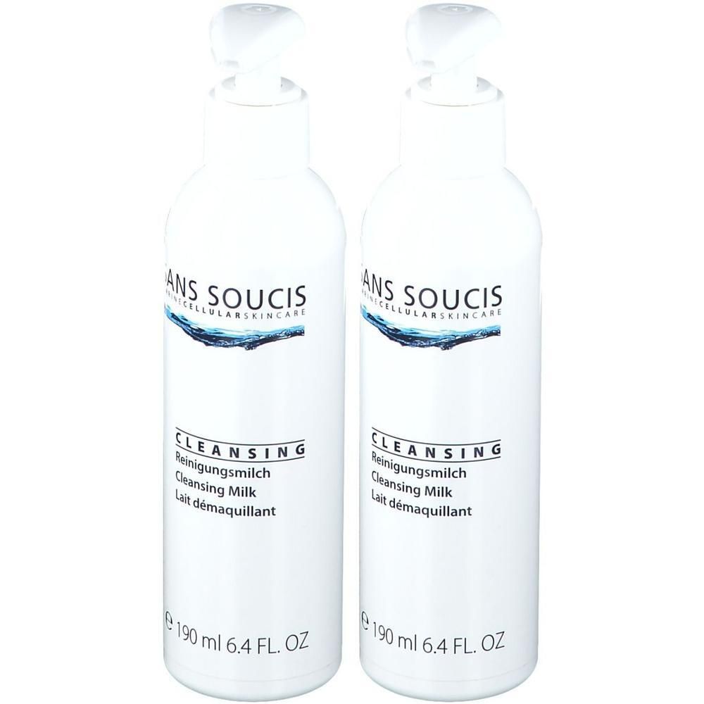 Zwei weiße Flaschen mit Pumpaufsatz. Aufschrift: SANS SOUCIS, CLEANSING, Reinigungsmilch, 190 ml.