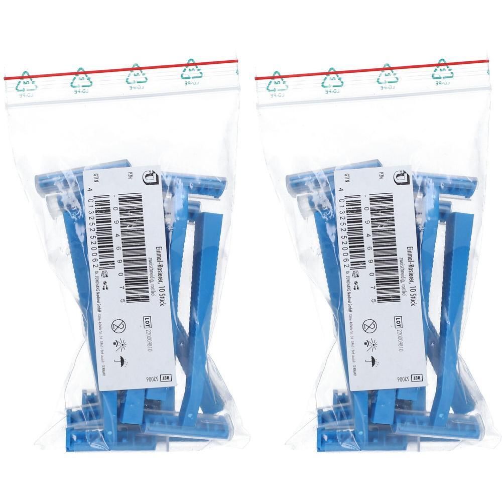 Zwei Packungen Einmalrasierer in Plastikbeuteln. Blaue Griffe, zweischneidig. Aufdrucke mit Produktinformationen.