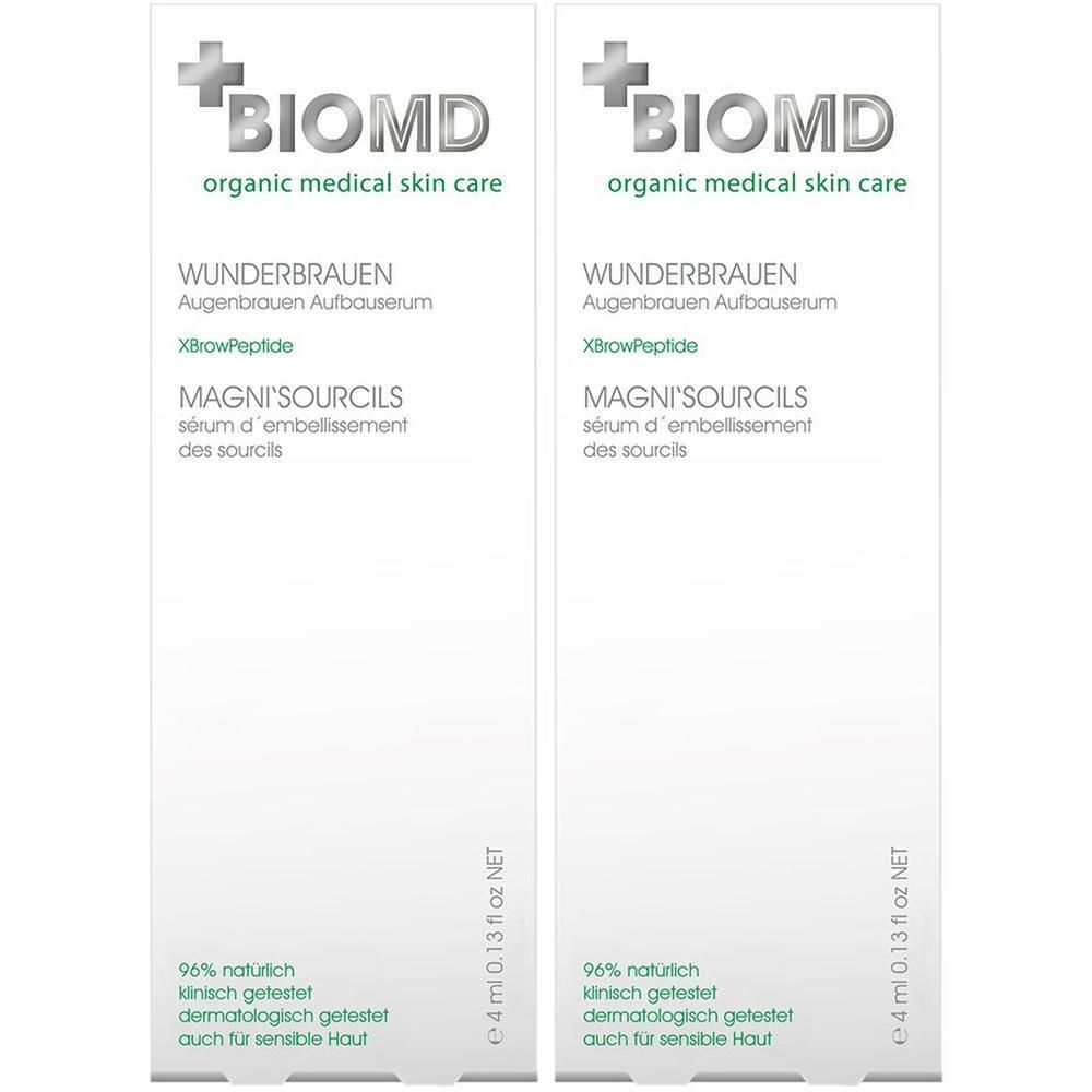 Zwei weiße Verpackungen mit Produktnamen und Logo. Text: BIOMD, Wunderbrauen, Magni'Sourcils. 4 ml.