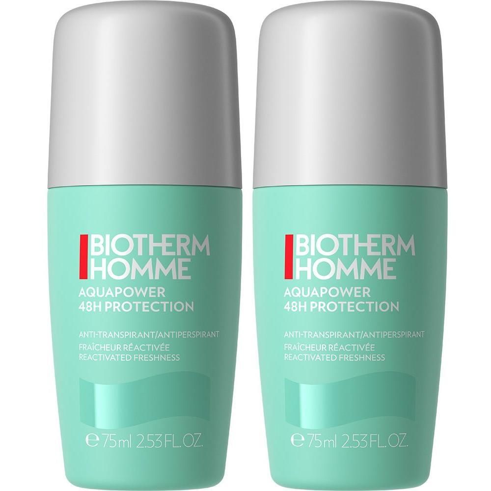 Zwei Roll-On-Deodorants. Türkisgrüner Behälter mit weißem Deckel. Aufschrift: BIOTHERM HOMME, AQUAPOWER 48H PROTECTION.