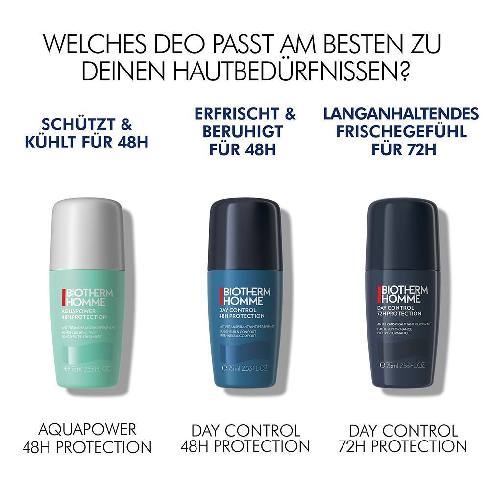 Drei Deodorant-Roll-Ons. BIOTHERM HOMME, AQUAPOWER, DAY CONTROL. Text: Welches Deo passt am besten zu deinen Hautbedürfnissen?
