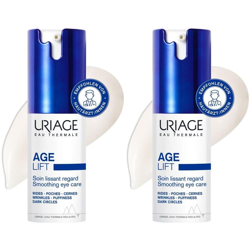 Zwei Flaschen Uriage Age Lift Augencreme. Blaue Kappe, weißer Spender. Empfohlen von Hautärzten.
