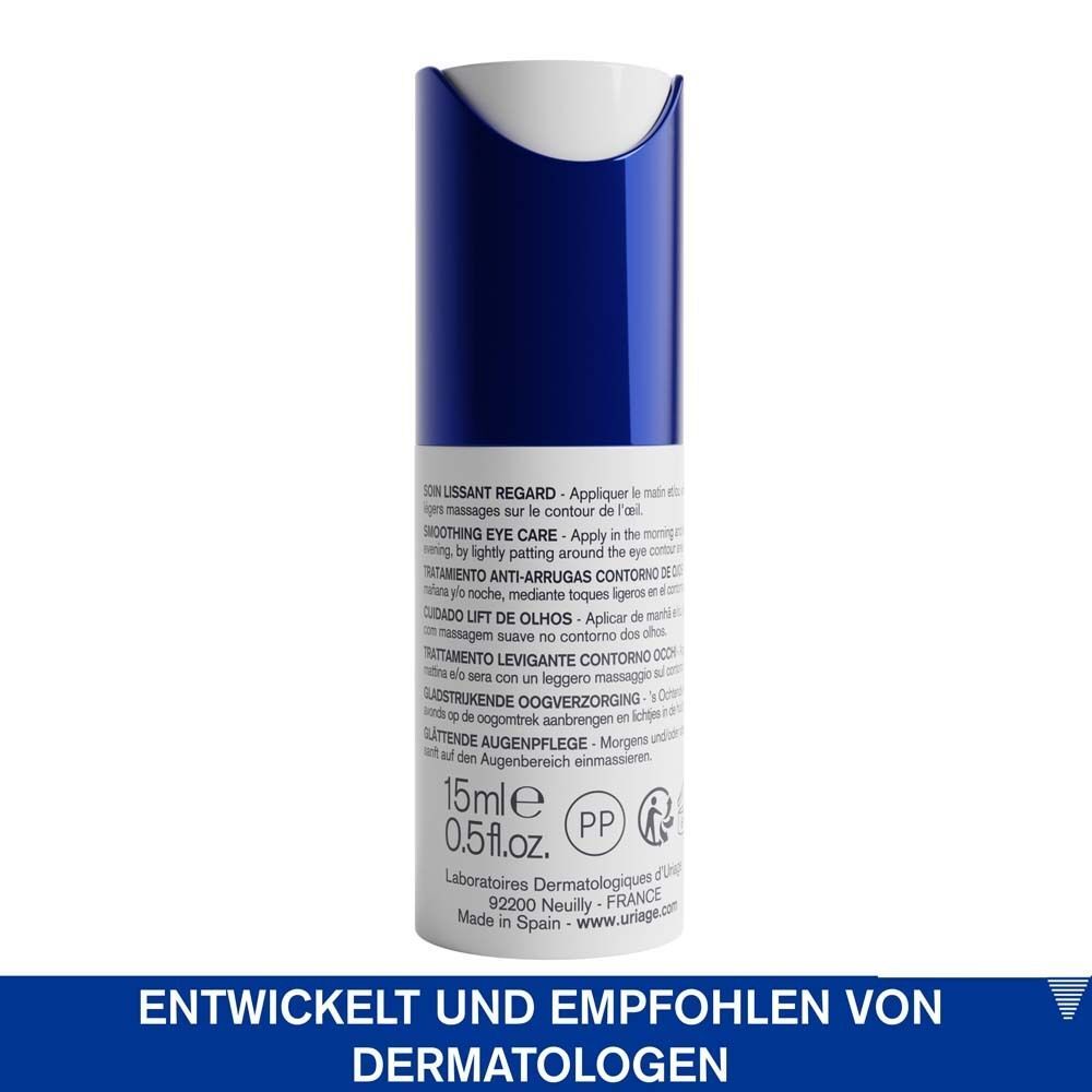 Rückseite der Uriage Age Lift Augencreme. Enthält 15ml. Entwickelt und empfohlen von Dermatologen.
