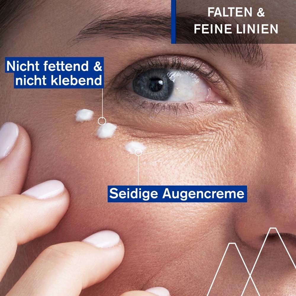 Nahaufnahme eines Auges mit aufgetragener Augencreme. Text: Nicht fettend & nicht klebend. Seidige Augencreme.