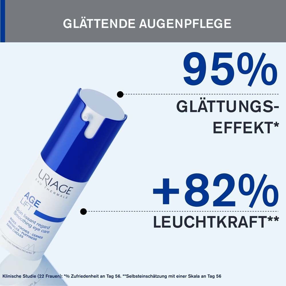 Uriage Age Lift Augenpflege. Text: 95% Glättungseffekt, +82% Leuchtkraft. Flasche mit blauer Kappe.