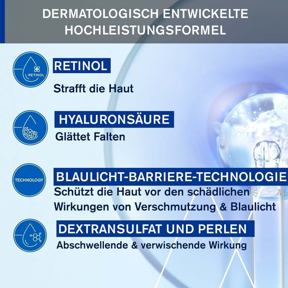Infografik mit Inhaltsstoffen der Uriage Age Lift Augencreme. Retinol, Hyaluronsäure, Blaulicht-Barriere-Technologie.