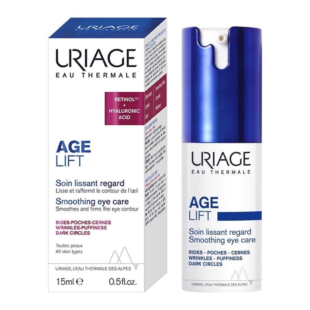 Uriage Age Lift Augencreme mit Verpackung. Blaue Tube, weiße Schrift. Text: Smoothing eye care.