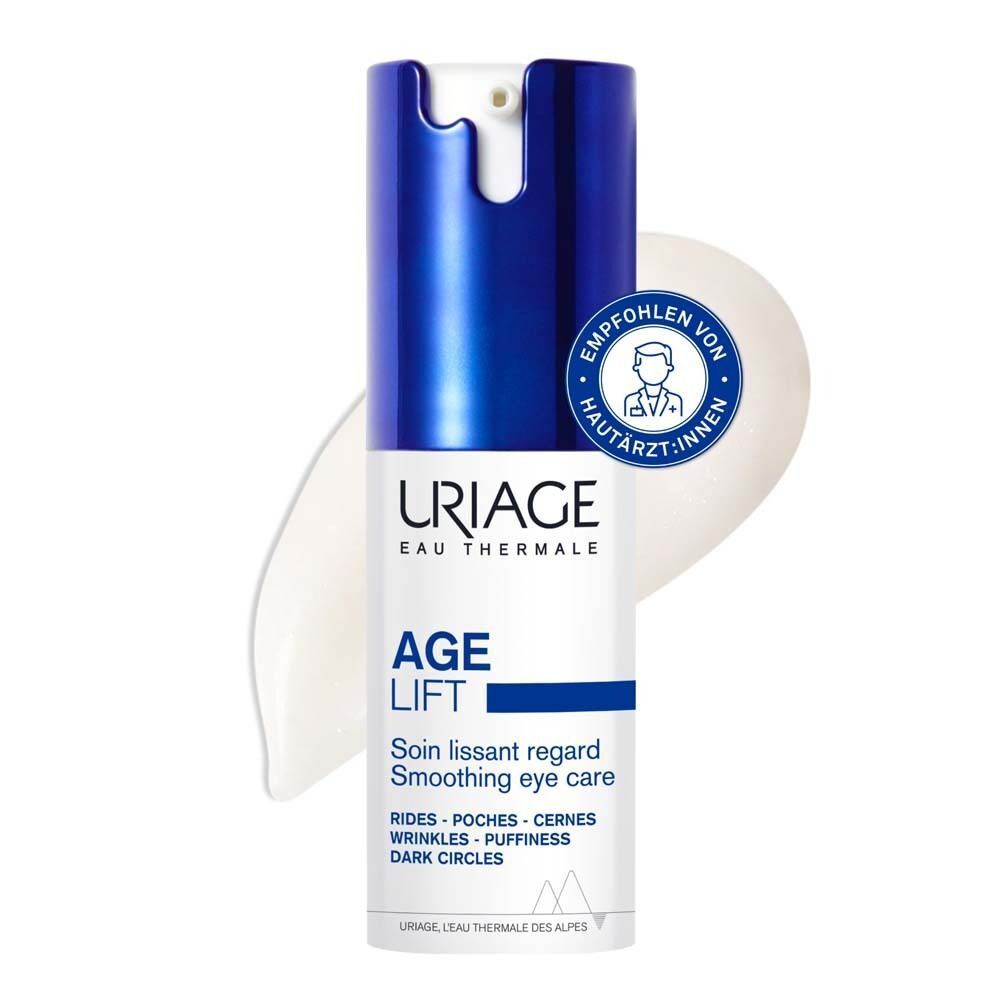 Uriage Age Lift Augencreme. Blaue Tube, weißer Spender. Empfohlen von Hautärzten. Creme-Ausfluss.